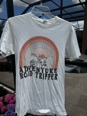 Next Level Apparel White 'Adventure Road Tripper' Graphic Tee with Retro Rainbow